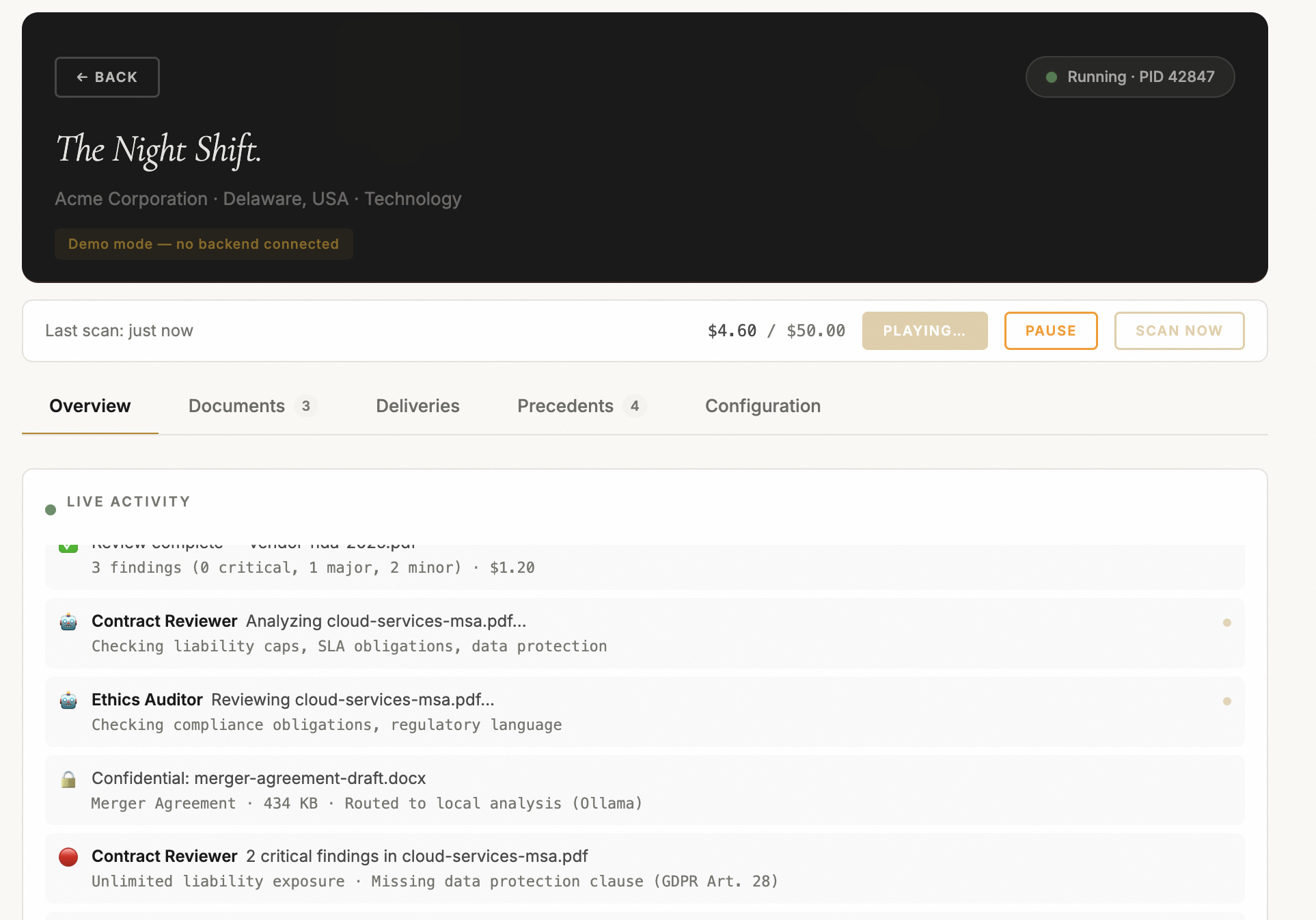 Clawern dashboard: The Night Shift. Live activity feed, budget gauge, pause/resume, document processing status.