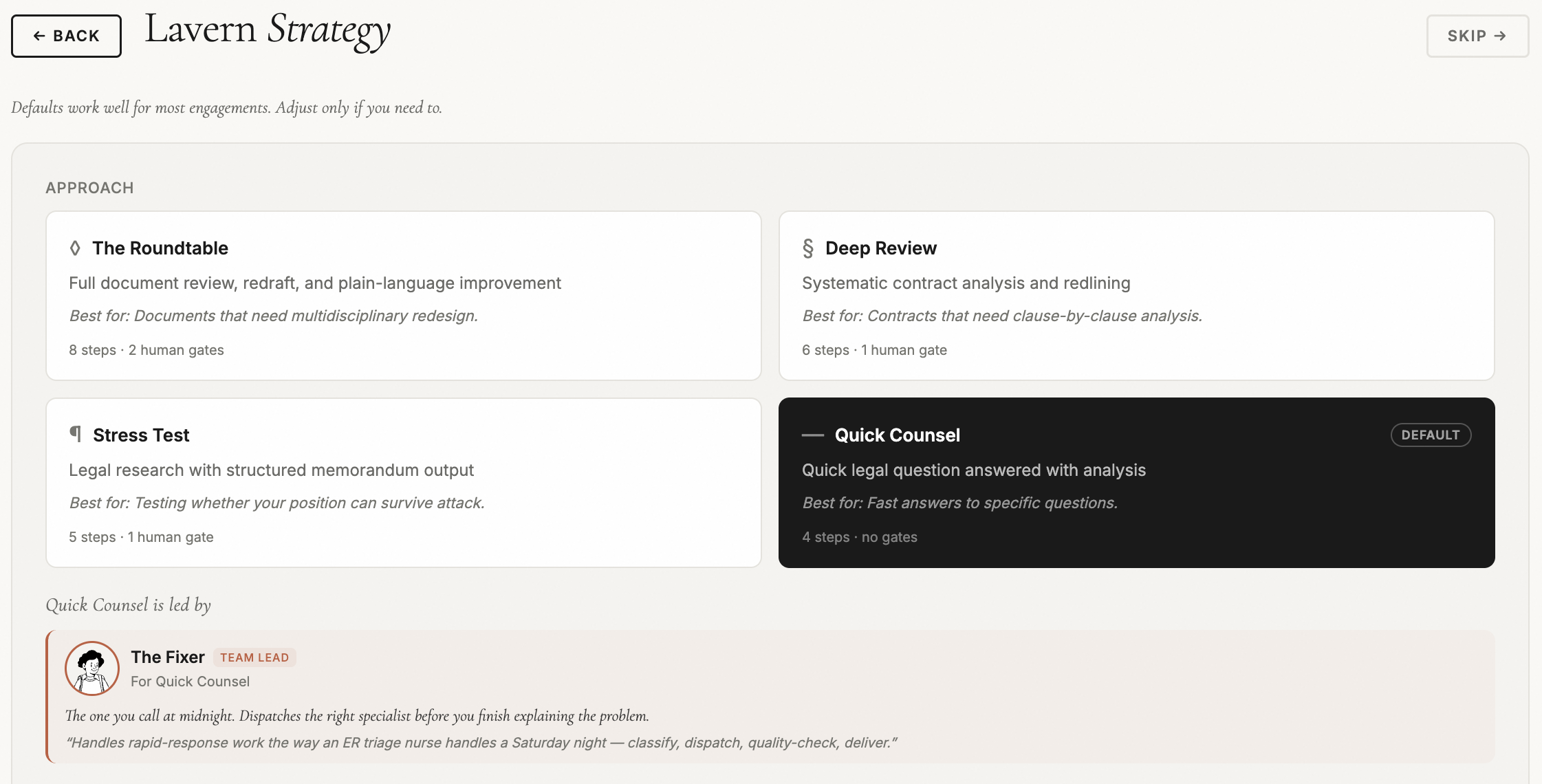 Strategy view: Workflow selection with Roundtable, Deep Review, Stress Test, Quick Counsel options.