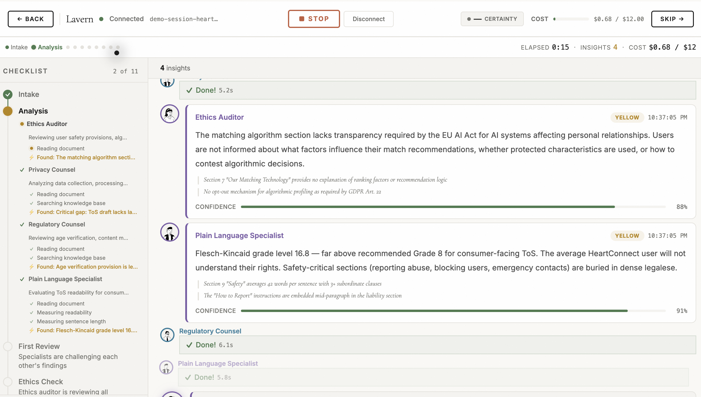 Working view: Live agents analyzing with checklist, findings streaming in with confidence scores.
