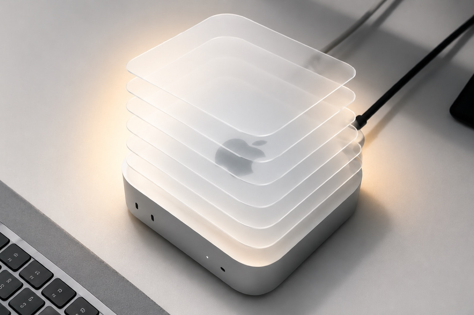 The Lavern stack. Mac Mini with seven luminous translucent slabs.